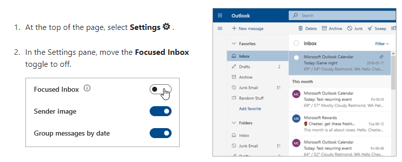 Screenshot showing how to turn off focused inbox in Outlook