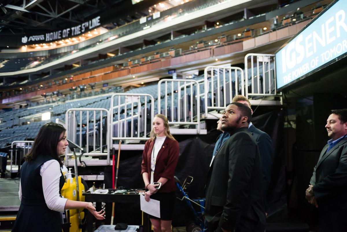 Marietta College students get their first look at the Columbus Blue Jackets rink from ice level