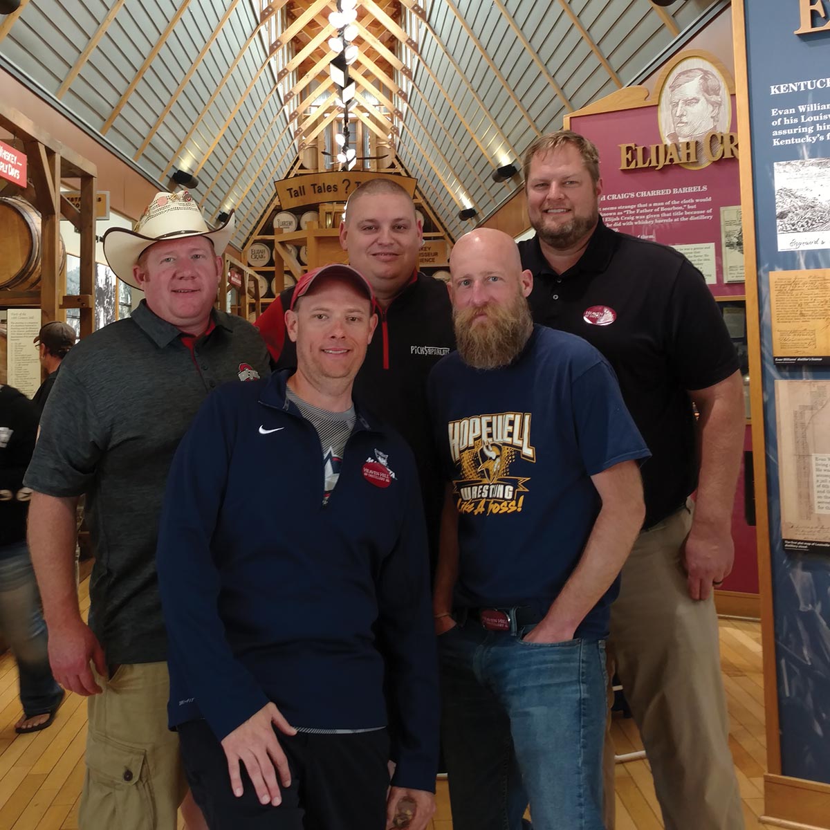 Ryan Marr ’98, Kris Cooper ’98, (second row) Eric Cooper ’97, Craig Trapp ’97 and Ben Dittmar ’97 met the weekend of May 17-20 for a tour of Bourbon Trail in and around Lexington, Kentucky