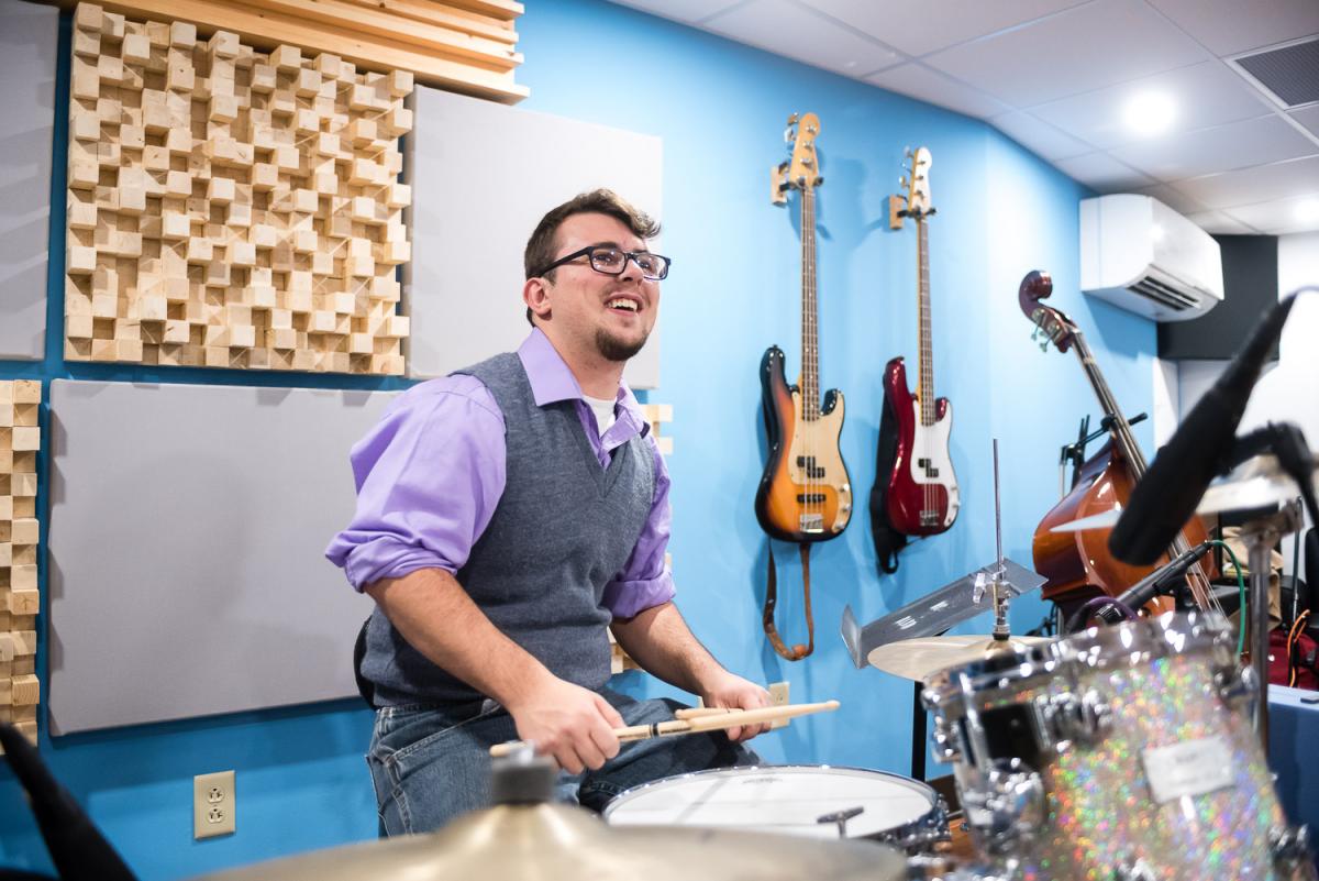 Marietta College Student plays the trap set