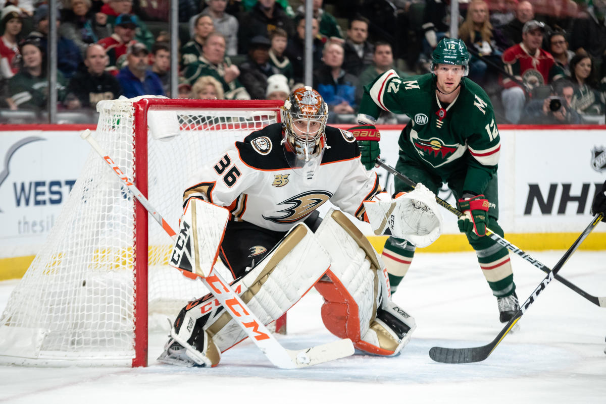 Anaheim Ducks Goalie facing off against the Minnesota Wild