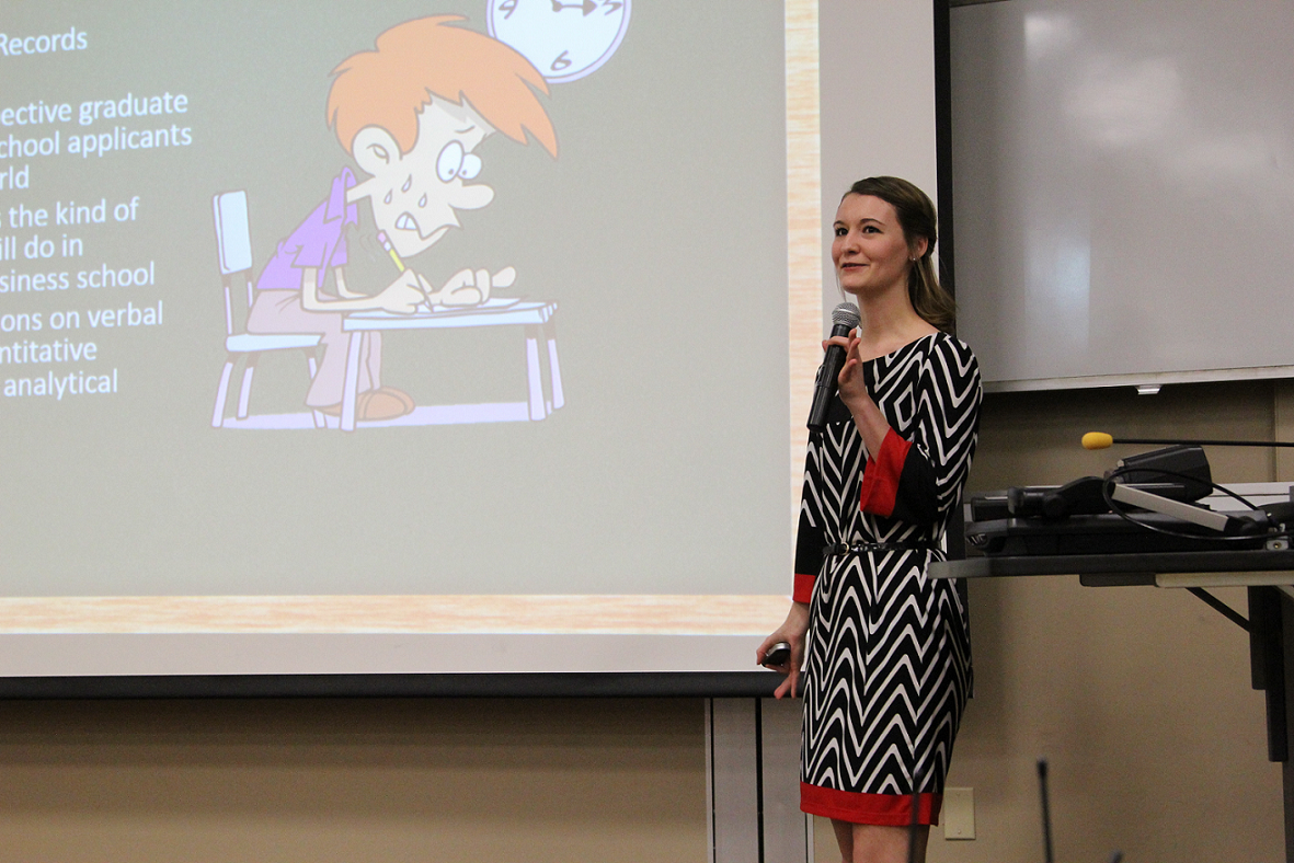 Gabrielle Simmons ’18, Psychology major, makes a presentation on her business project “Gliding through the GRE”.