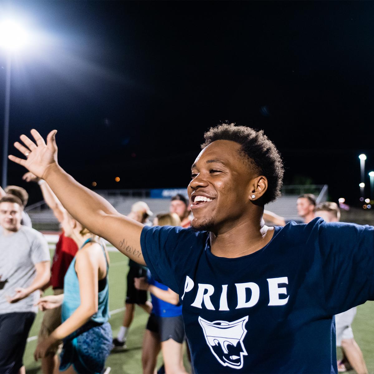 Marietta student wearing Pioneer shirt