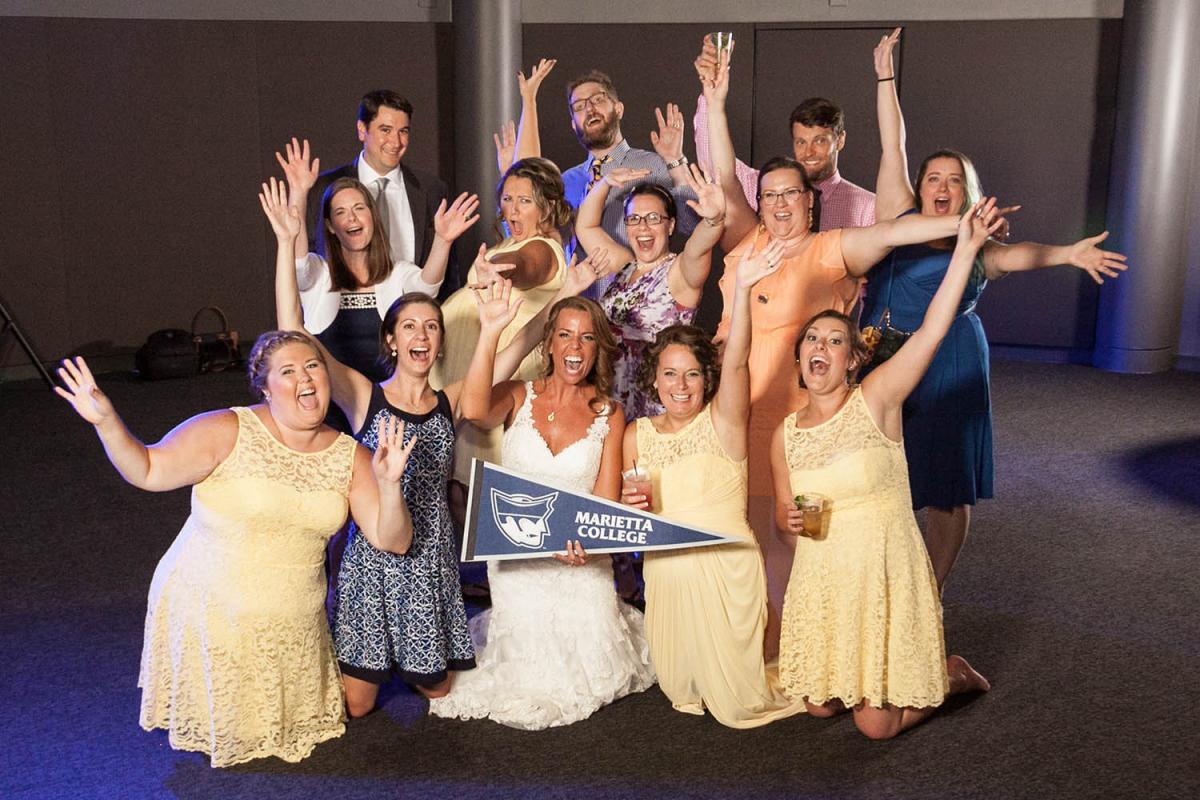 Tasha Faulkner ’07 and Eric Strome were married on Aug. 19, 2017, at Churchill Downs in Louisville, Kentucky. The bride was joined by fellow Marietta College alumni, including (from back left to front right) Neil Thompson ’05, Sean McManus ’04, Daniel Michalak ’07, Melissa Jones Thompson ’05, Holly Bader Probst ’06, Jenn DeGain McManus ’06, Carrie Corder Bell ’07, Jasmine Goodnight ’07, Erin Carlin ’08, Ashlyn Heider ’06, Tasha, Amy Latorre Chubak ’06 and Jessie Harris ’07.