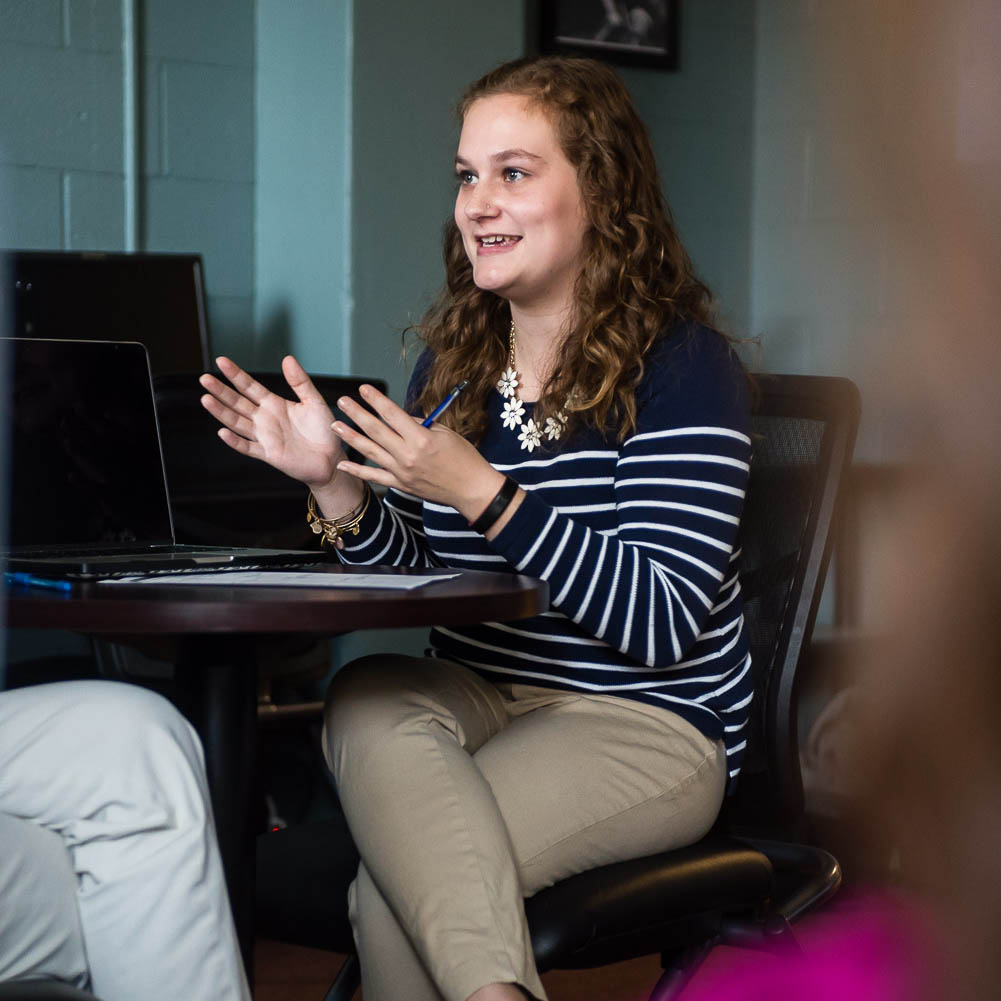 A Marietta College student in the Communication Resource Center