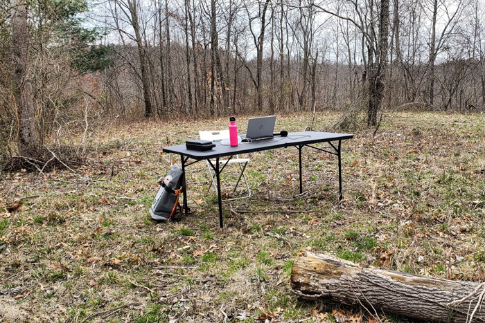 Adjunct faculty member Jordan Reed is teaching from a remote spot where he gets the best cell service