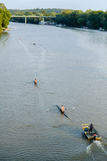 Overhead of rowers on the river