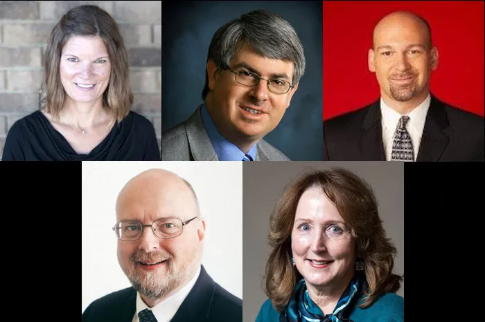 Headshots of three men and two women who will speak at the event