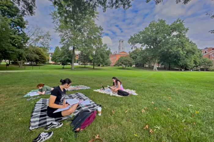 Young women outside studying in the grass
