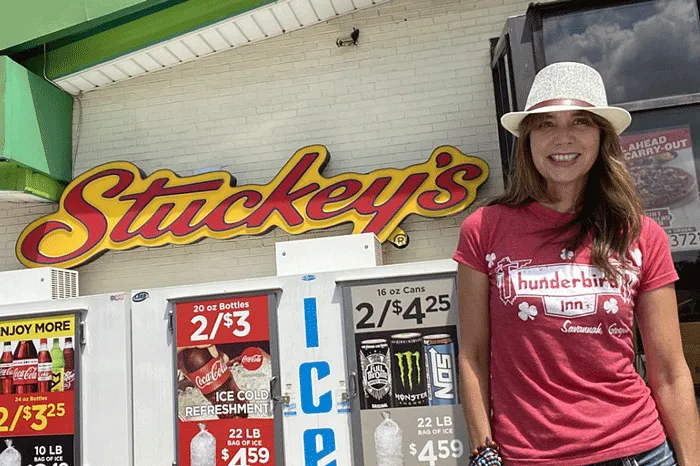 Stephanie Stuckey outside of a Stuckey's store