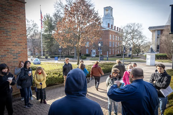 Members of the Marietta College community receive instruction for service projects organized through the Office of Student Life