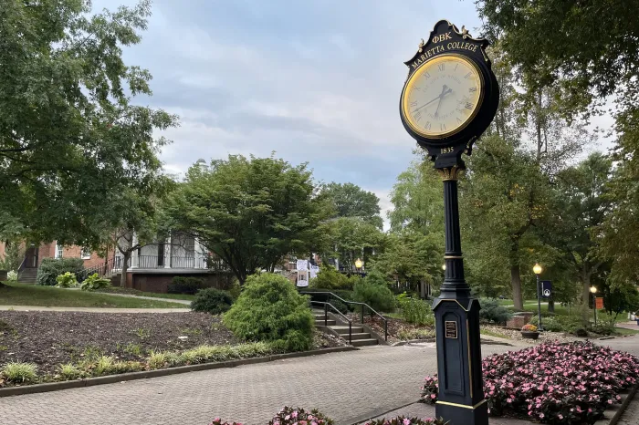 View of Phi Beta Kappa clock on Marietta College's campus