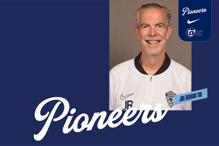 Joe Bergin photo with Pioneers in script font across a blue background