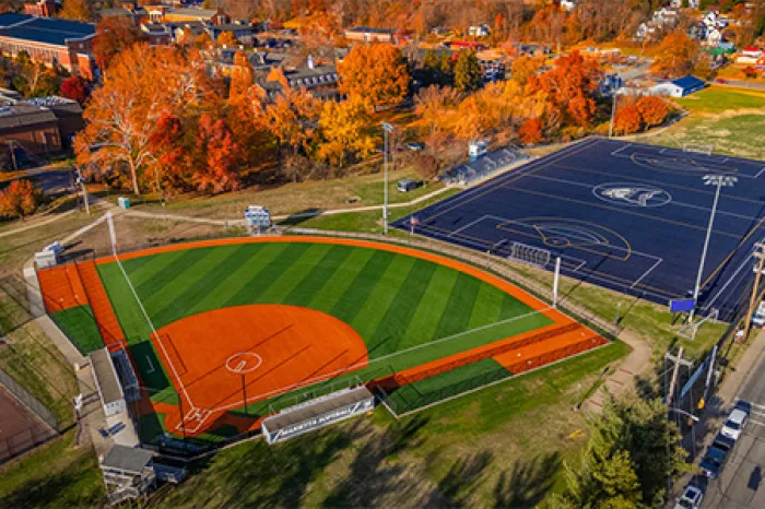 Aerial view of new Marietta College softball field with artificial turf