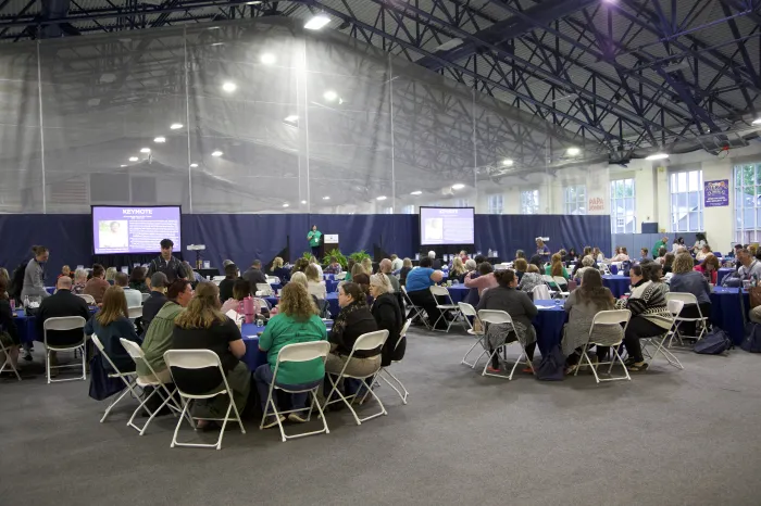 Hundreds of attendees sit at circular tables in the Dyson Baudo Recreation Center for the 2026 Nonprofits LEAD Capacity Building Conference