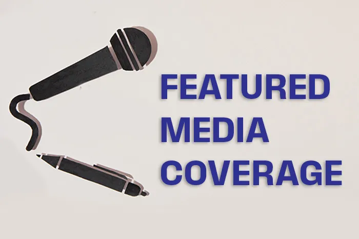Silhouetted microphone and pen and text: feature media coverage