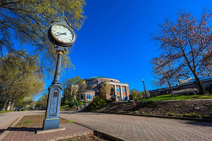 Marietta College campus Legacy Library with PRK clock in foreground