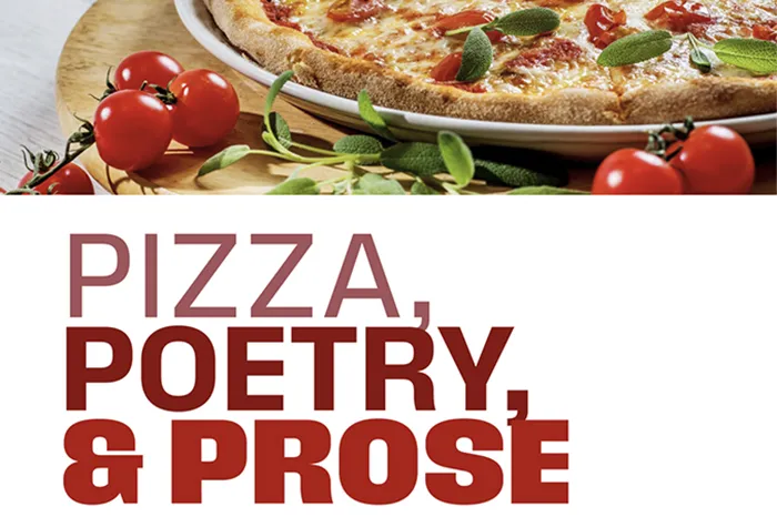 Pizza image with text pizza, poetry & prose