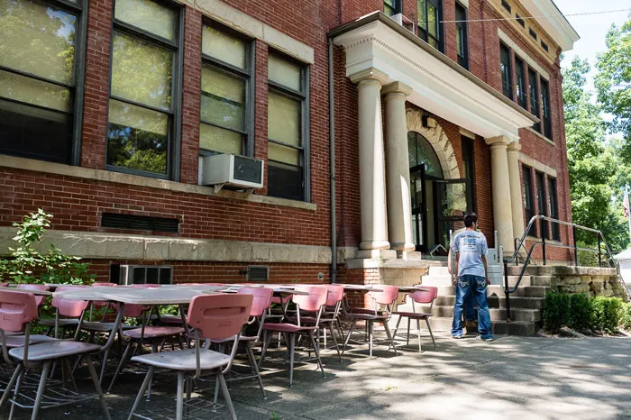 desks sitting outside of St. Mary School