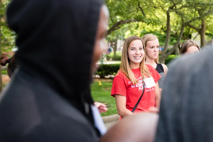 Two young women visit campus during an admission day event