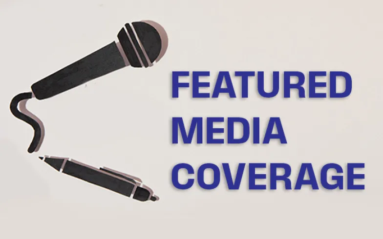 Silhouetted microphone and pen and text: feature media coverage