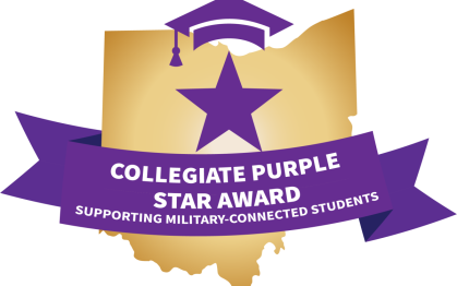State of Ohio with a graduation cap, purple star and purple ribbon. Text on the ribbon reads "Collegiate Purple Star Award Supporting Military-Connected Student"