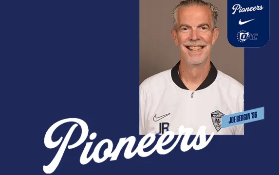 Joe Bergin photo with Pioneers in script font across a blue background