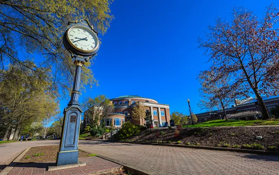 Marietta College campus Legacy Library with PRK clock in foreground