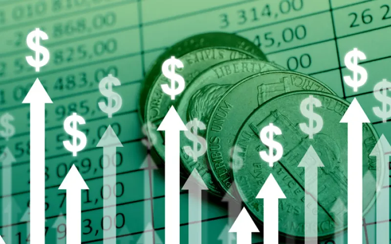 Arrows pointing up to dollar signs with coins turned around