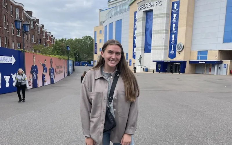 Marietta College student Kaylie Ward ’24 poses for a photo at Stamford Bridge during her Education Abroad trip to London