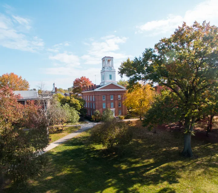 An aerial photo of campus in the fall which shows Erwin Hall
