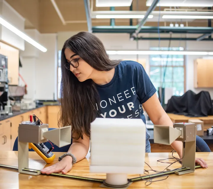 An Engineering Dual Degree major works in a lab in the Rickey Science Center at Marietta College