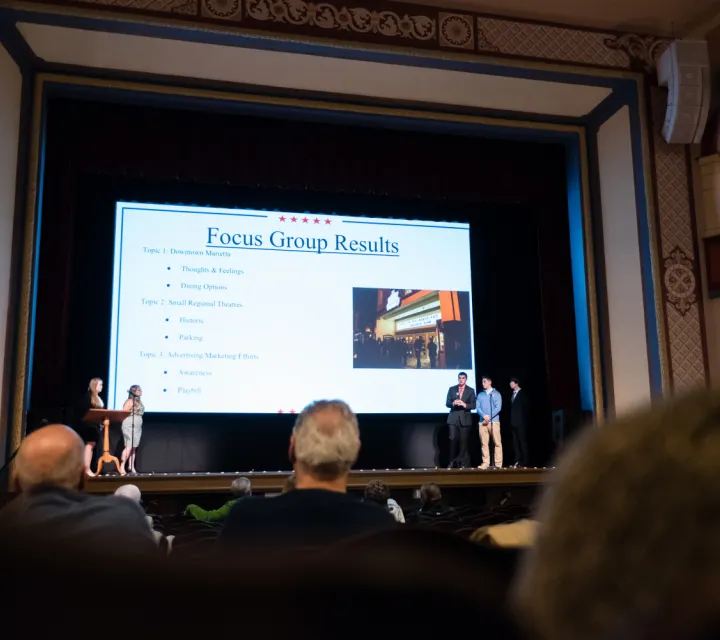 Marietta College Marketing Majors present focus group results on stage at Peoples Bank Theatre