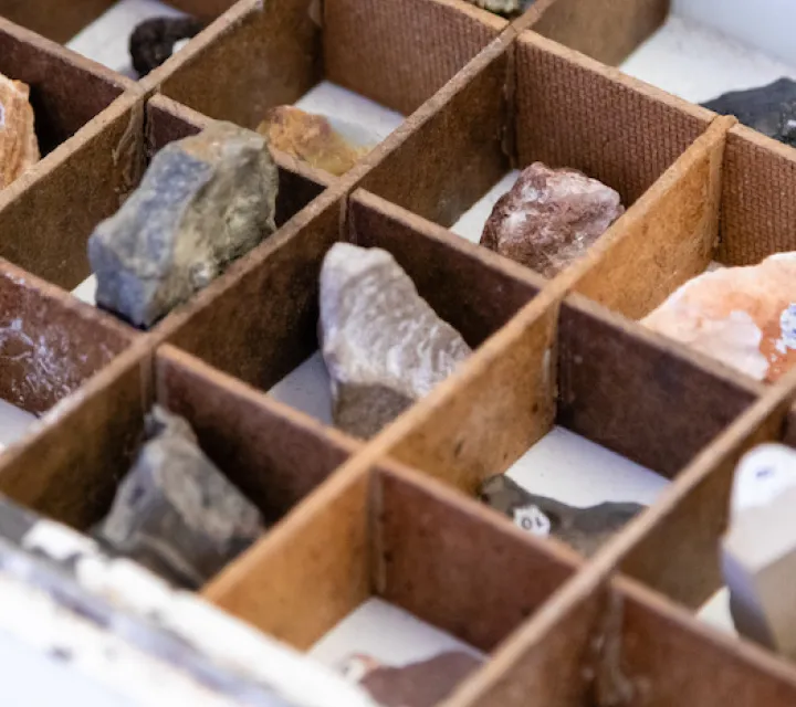 Rocks organized in a bin in a geology lab at Marietta College