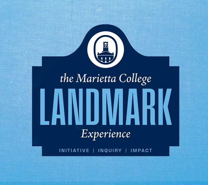Historic plaque shape with oval symbol of historic building and the Marietta College Landmark Experience text