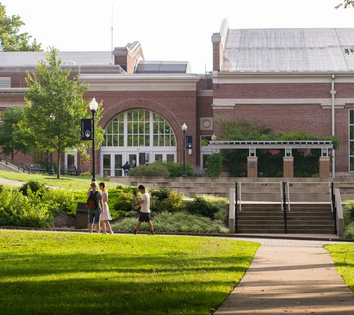 Students on Christy Mall with the DBRC behind them