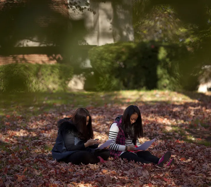 Two students sit in the fall leaves and study