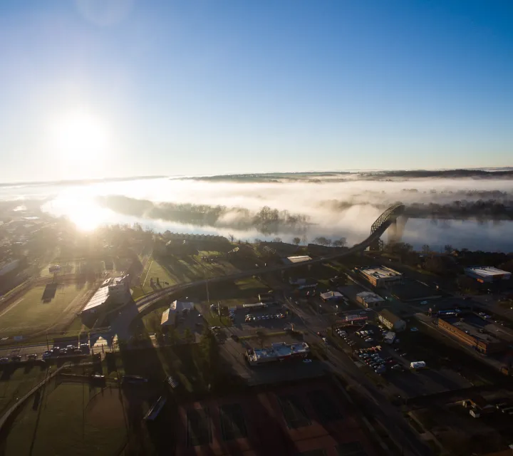 City of Marietta with fog on the river