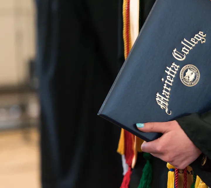 Detail of the Marietta College leather cover for the diplomas
