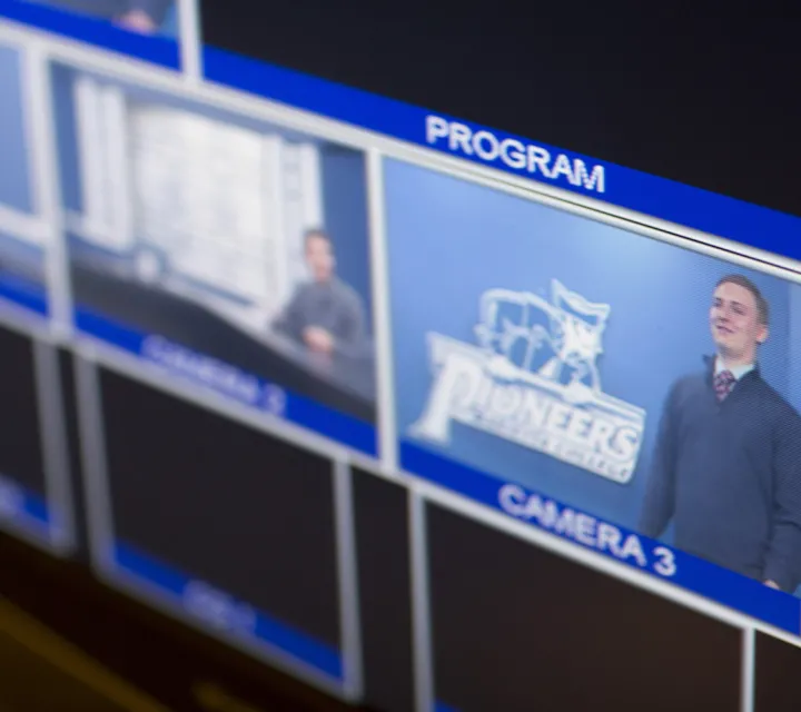 Close up of camera monitors in the Marietta College TV studio