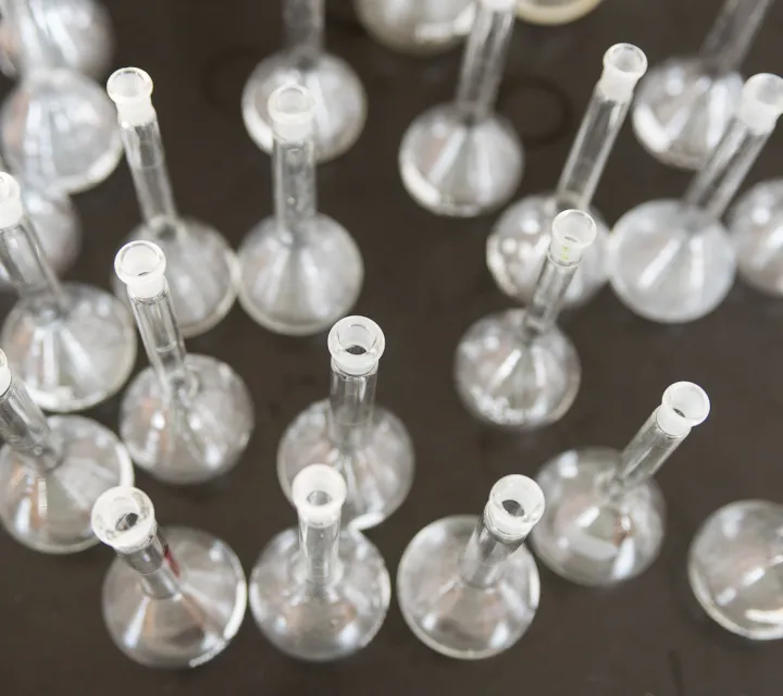 Detail of beakers in a science classroom
