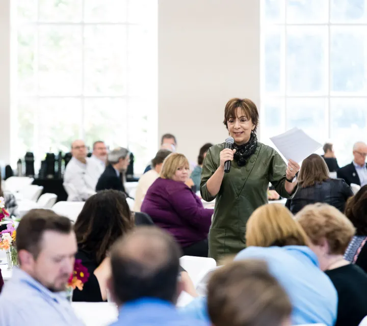 Jackie Khorassani of Marietta College speaks to a crowd at the 2017 Mid Ohio Valley Entrepreneurship Expo