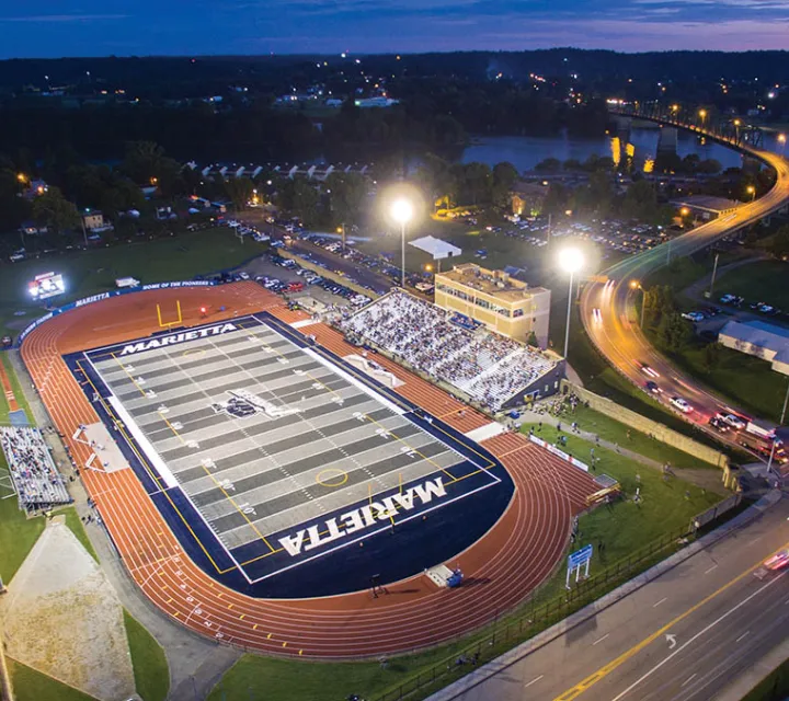 A drone shot from above a night game at Don Drumm Stadium