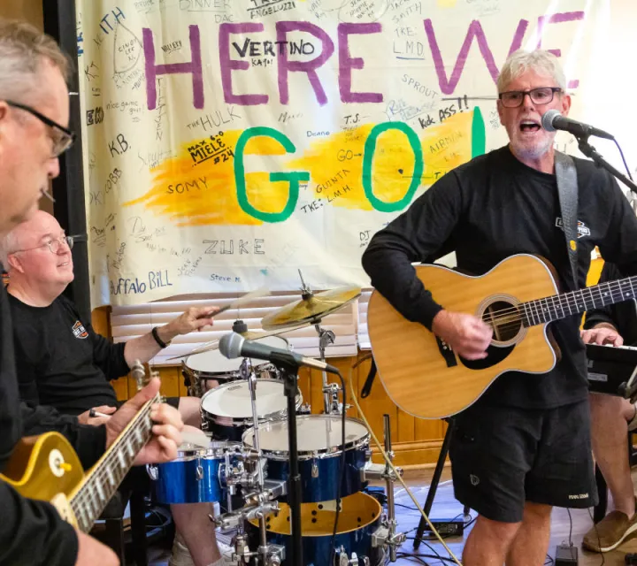 Members of the Lousy Candles Band — Don Ritter ’81, Bruce Kinney ’79, Bill Corwin ’78 and Brian Hennessey ’76