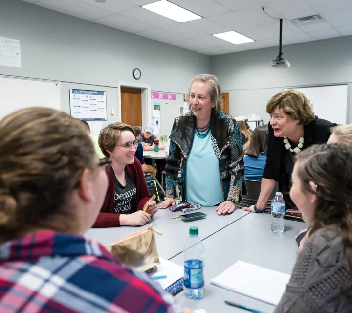 Dottie Herb and Carole Hancock in their Marietta College classroom