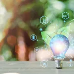 Lightbulb on a table with energy icons