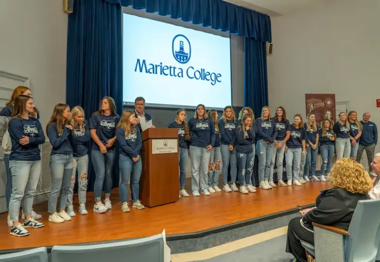 2022–23 Marietta College women's basketball team receiving their rings for reaching the 2023 NCAA D3 Sweet 16