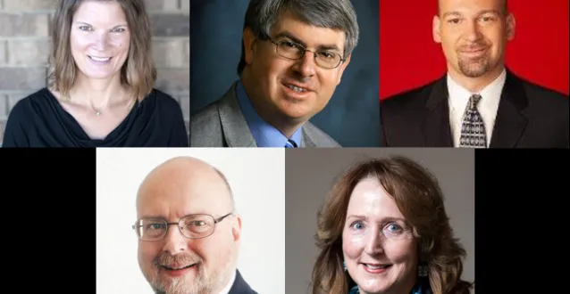 Headshots of three men and two women who will speak at the event