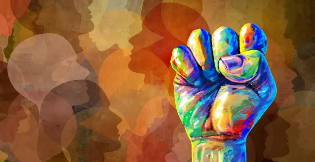 Illustration of a multicolor fist raised in the air with faces in the background