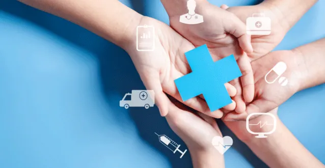 Hands with medical symbols